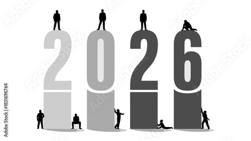 Building Future: The silhouette figures stand atop and interact with giant numbers representing the year 2026, creating a visually striking representation of growth.