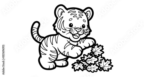 Cute tiger cub playing with leaves in coloring page design