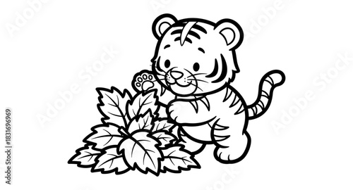 Cute cartoon tiger cub playing with leaves in black and white style