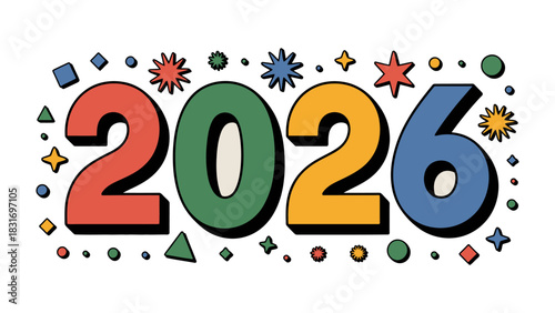 2026 Typography: A vibrant and playful display of the year 2026, set against a backdrop of colorful shapes, evoking anticipation and a sense of fresh beginnings. 