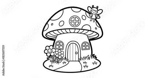 Whimsical fairy cottage in mushroom design with cute garden elements