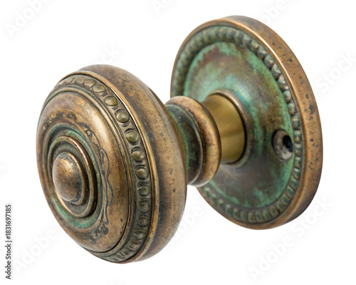 Antique brass doorknob with verdigris patina on black background isolated on a transparent background