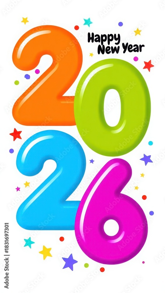 Obraz premium Happy new year 2026 colorful balloons and confetti celebration