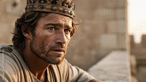 King David on his palace rooftop. A cinematic biblical scene of temptation, desire, and a fateful moment of contemplation.