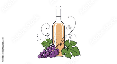 Elegant illustration of a wine bottle with a bunch of grapes and lush leaves highlighting vineyard