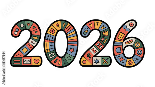 Artistic 2026: An intricately designed image featuring the numerical representation of the year 2026, where each digit is adorned with unique patterns and colors.