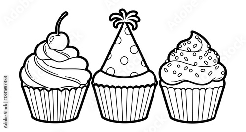 Black and white cupcake trio with cherry party hat and swirls