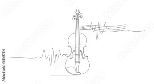 Minimalist Line Art Illustration of a Violin with Soundwaves Depicting Music and Sound
