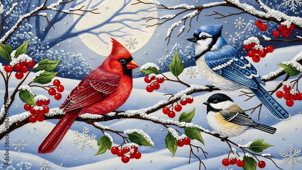 Naklejka premium Winter birds cardinal blue jay and chickadee perched on snowy branches with red berries artwork scene