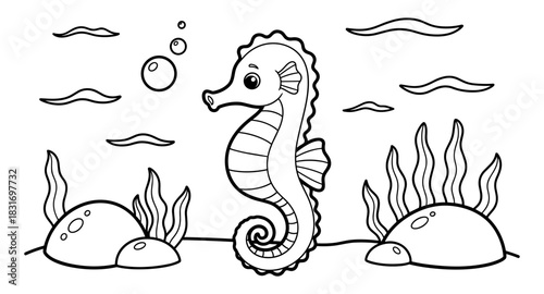 Cute seahorse in simple underwater scene with seaweed and bubbles