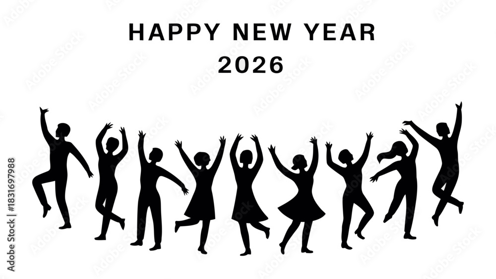 Fototapeta premium New Year 2026 Celebration: Celebrate the arrival of New Year with joy and togetherness, as silhouettes dance against a backdrop, exuding the festive spirit of 2026.