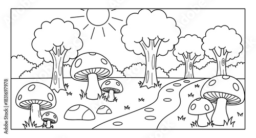 Whimsical forest landscape with path and mushrooms under sunshine