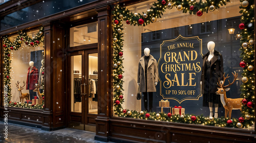 Christmas Storefront Window Display with Sale Signage — Festive Retail Holiday Photography