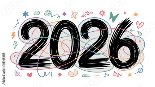 2026: A playful and optimistic graphic showcasing the year 2026, embellished with whimsical doodles and vibrant lines, signifying a time of new beginnings, growth, and creative expression.