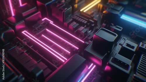 Abstract glowing circuit board with neon pink and blue lights, representing technology and innovation