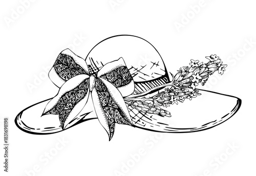 Tied lavender sprigs and lace ribbon bow on straw sunhat with wide brims. Isolated illustration hand drawn in vector ink. Provence gift brand, eco packaging, fashion accessory boutique stationery