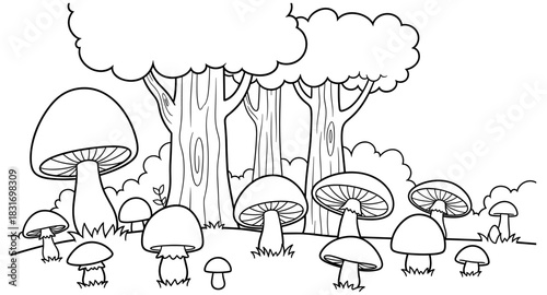 Nature coloring page with forest trees and mushrooms for kids and adults