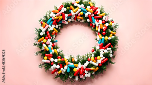 Medical Christmas wreath made of colored pills, tablets, capsules, and fir branches, creative holiday decoration for healthcare industry