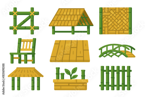 Bamboo Architecture Icons. Flat icon set of Bamboo Architecture: bamboo scaffolding, bamboo roof, woven bamboo