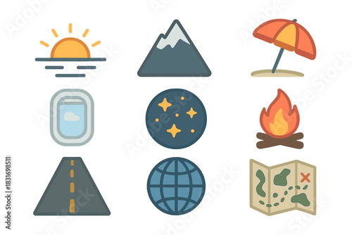 Nomadic Icon Collection. Flat icon set of Nomad Inspiration: sunrise view, mountain peak, beach umbrella,