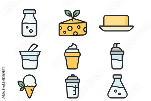 Synthetic Dairy Icons. Flat icon set of Synthetic Dairy: lab milk bottle, cultured cheese wedge, plant-based