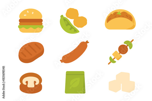 Plant-Based Meat Icons. Flat icon set of Plant-Based Meat: soy burger, pea protein nuggets, jackfruit tacos,