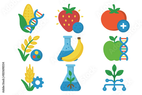 Genetic Food Icons. Flat icon set of Genetic Food Engineering: DNA-modified corn, glowing strawberry, enhanced