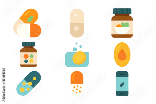 Nutrient Capsules Icons. Flat icon set of Nutrient Capsules: vitamin capsule, protein pill, meal replacement