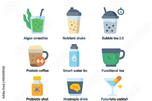 Future Beverage Icons. Flat icon set of Future Beverages: algae smoothie, nutrient shake, bubble tea 2.0,