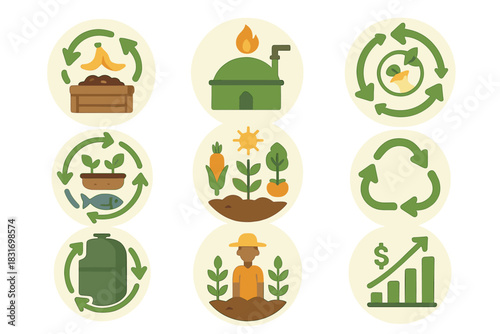 Circular Food Icons. Flat icon set of Circular Food Systems: compost station, biogas digester, food waste loop