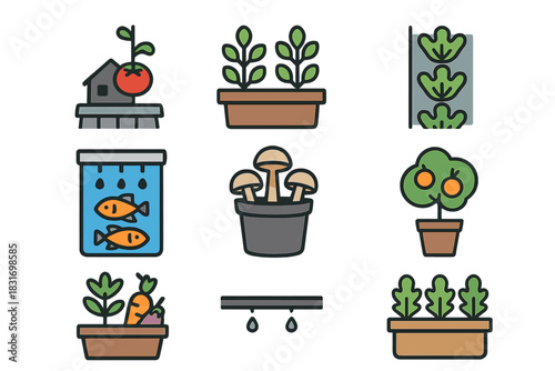 Urban Farming Icons. Flat icon set of Urban Farming Foods: rooftop tomato, balcony herbs, vertical lettuce,