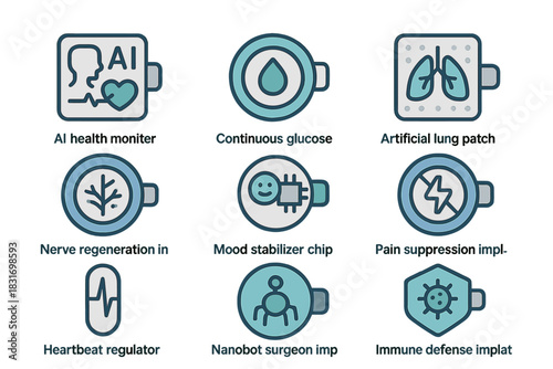 Future Healthcare Implants. Flat icon set of Future healthcare implants: AI health monitor, continuous glucose