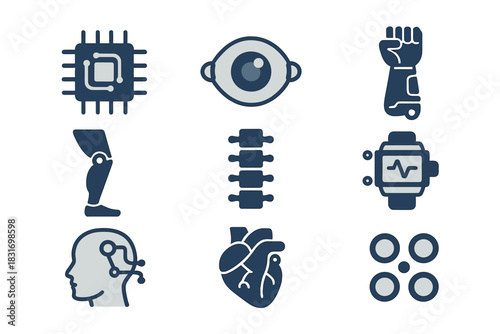 Cybernetic Implant Icons. Flat icon set of Cybernetic implants: neural chip, robotic eye, mechanical arm,