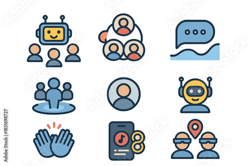 Social AI Icon Set. Flat icon set of Social AI companions: group chat bot, AI friend circle, message wave,