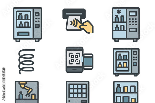 Automated Vending Icons. Flat icon set of Automated vending: smart vending machine, touch payment slot, drink