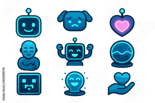 AI Emotional Icons. Flat icon set of AI futuristic emotions: happy AI face, sad digital pet, glowing heart bot