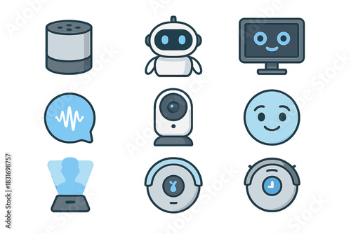 Smart Home Gadget Icons. Flat icon set of Smart home companions: smart speaker, home robot, wall-mounted AI