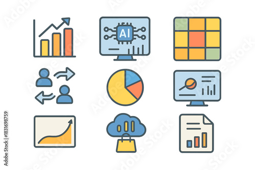 Retail Analytics Icons. Flat icon set of Retail analytics: sales graph, AI dashboard, heatmap icon, customer
