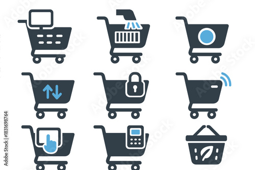 Smart Cart Icon Set. Flat icon set of Smart shopping carts: cart with screen, barcode scanner, built-in scale,