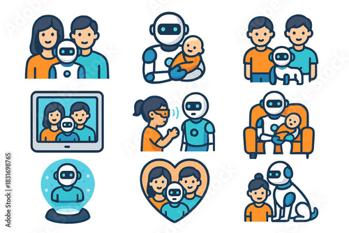 AI Family Icons. Flat icon set of AI futuristic families: family avatar group, parent AI bot, child robot pet,
