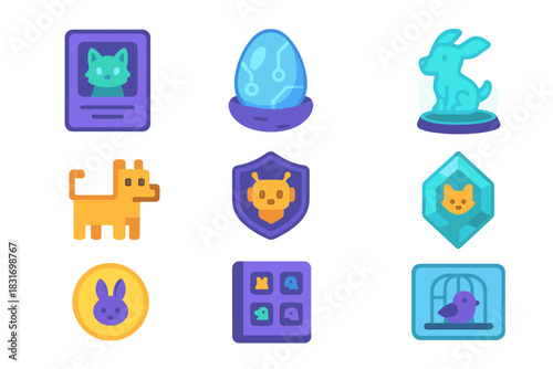 Digital Pet Collection. Flat icon set of AI collectible pets: NFT pet card, digital egg, holographic creature,