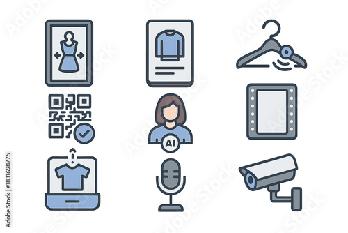 Smart Fitting Room Icons. Flat icon set of Smart fitting rooms: AR mirror, digital screen, clothing hanger