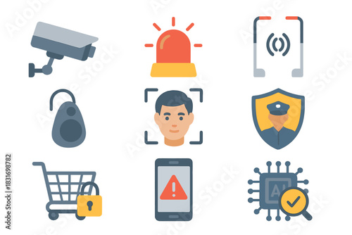Retail Security Icons. Flat icon set of Retail security: surveillance camera, alarm siren, RFID gate,