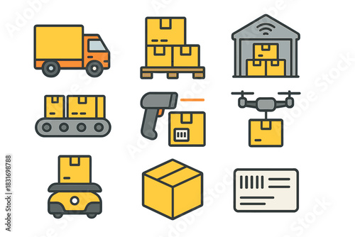 Retail Logistics Icons. Flat icon set of Retail logistics: delivery truck, inventory pallet, smart warehouse,