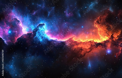 Vibrant nebula; colorful space dust, stars, and gases abound