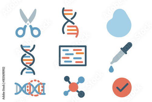 CRISPR Tools Icon Set. Flat icon set of CRISPR tools: CRISPR scissors, guide RNA, Cas9 enzyme, DNA strand,