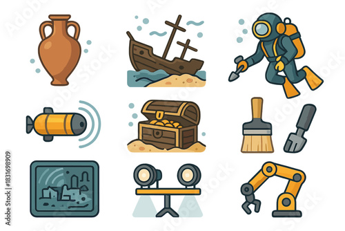 Underwater Archaeology Icons. Flat icon set of Underwater archaeology: ancient amphora, shipwreck, diving