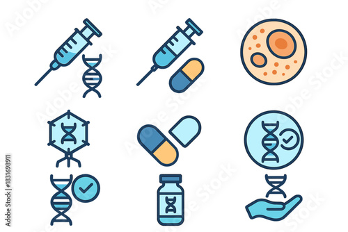 Gene Therapy Icons. Flat icon set of Gene therapy: DNA injection, medical syringe, patient cell, viral vector,