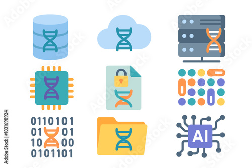 Genomic Data Icons. Flat icon set of Genomic data: genetic database, cloud DNA icon, genome server, sequencing