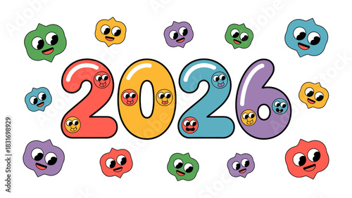 Playful 2026 Celebration: A vibrant and whimsical design announces the arrival of the year 2026, surrounded by charming animated characters that spread joy and anticipation.